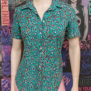 Guilt Fashion Vintage Button Down Short Sleeved Shirt Blue Floral Retro Medium
